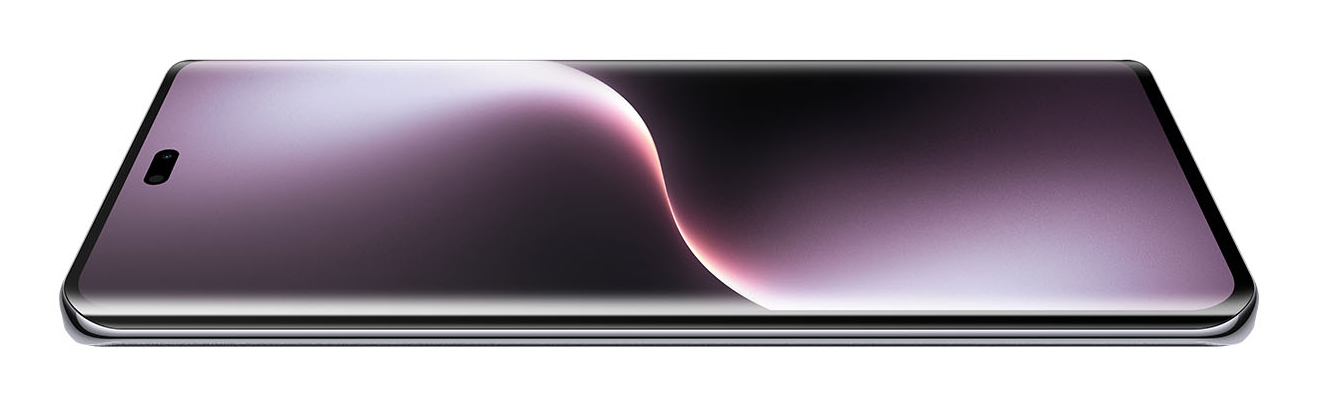Uno smartphone elegante visto in orizzontale, con schermo curvo che mostra uno sfondo astratto luminoso viola e nero.