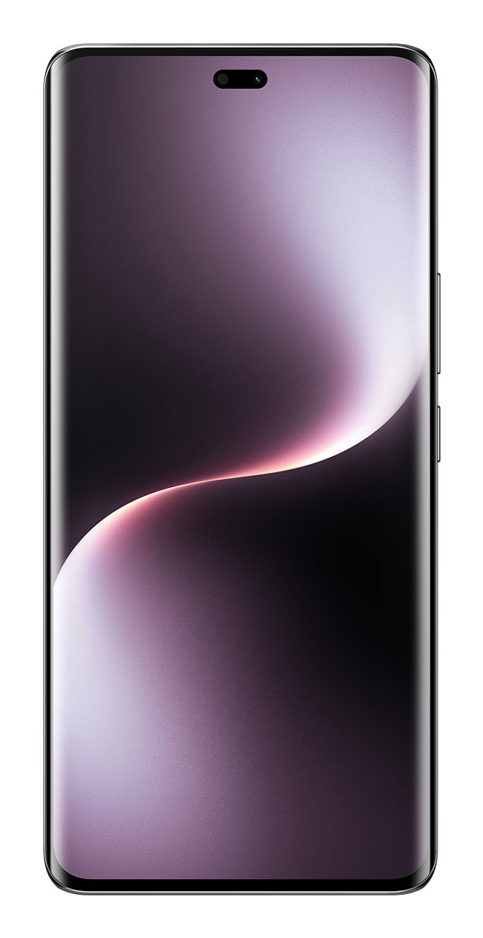 Uno smartphone con schermo curvo e intaglio ovale superiore mostra un motivo ad onda viola astratto.
