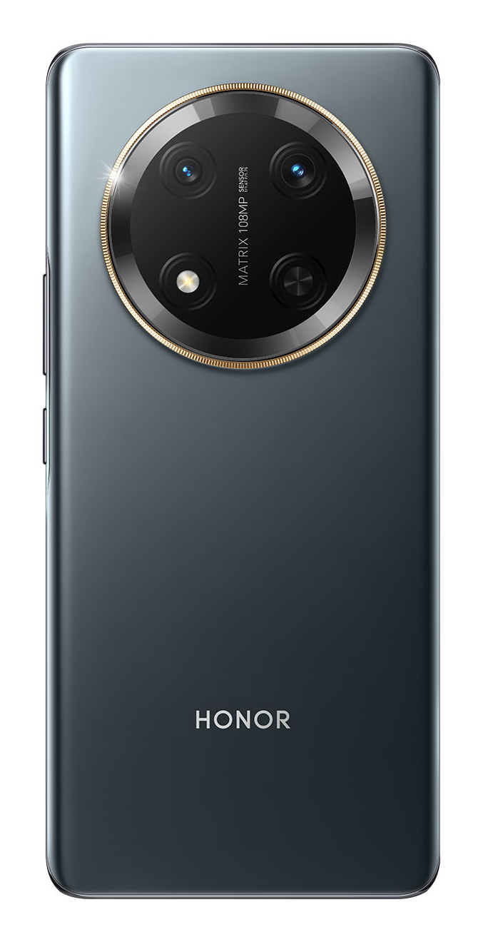 Retro di uno smartphone Honor grigio scuro con un grande modulo fotocamera circolare.