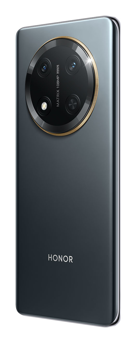 Il retro di uno smartphone Honor grigio con un grande modulo fotocamera circolare contenente quattro lenti e il logo Honor.
