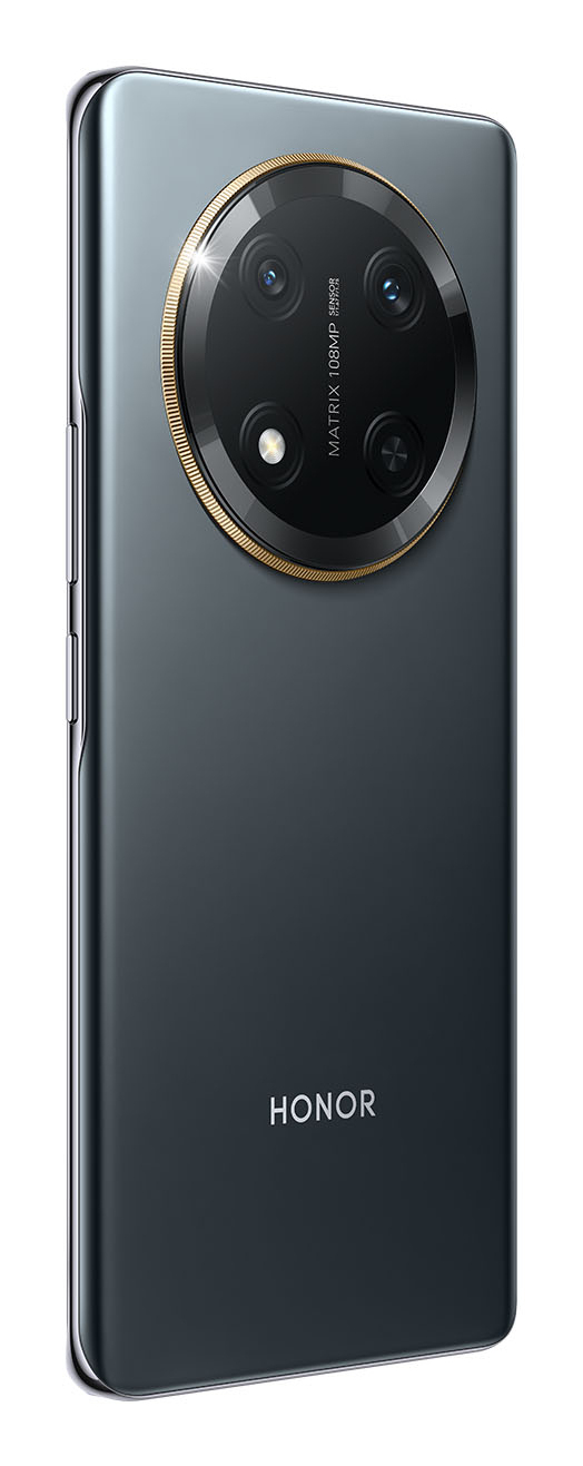 Retro di uno smartphone grigio Honor con un grande modulo fotocamera circolare e logo argento.