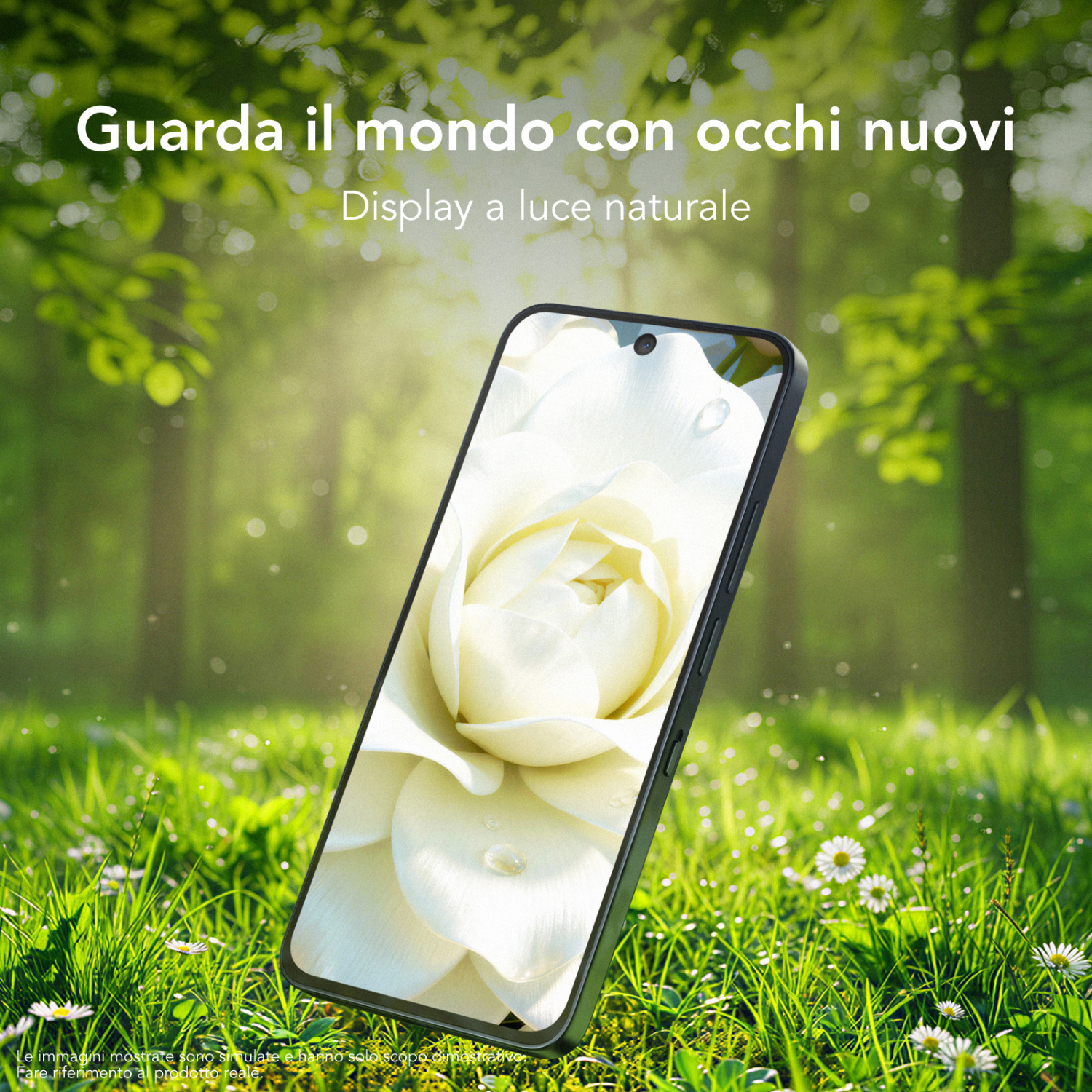 Uno smartphone mostra una rosa bianca sullo schermo, davanti a un bosco verde.