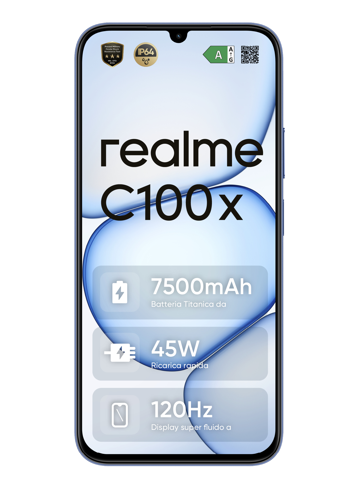 Uno smartphone con display Realme C100x, batteria da 7500mAh, ricarica da 45W e 120Hz.