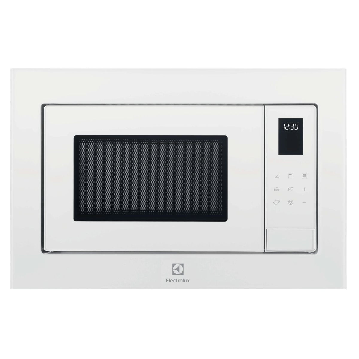 Un microondas empotrable Electrolux blanco con pantalla digital y panel táctil en el lado derecho.
