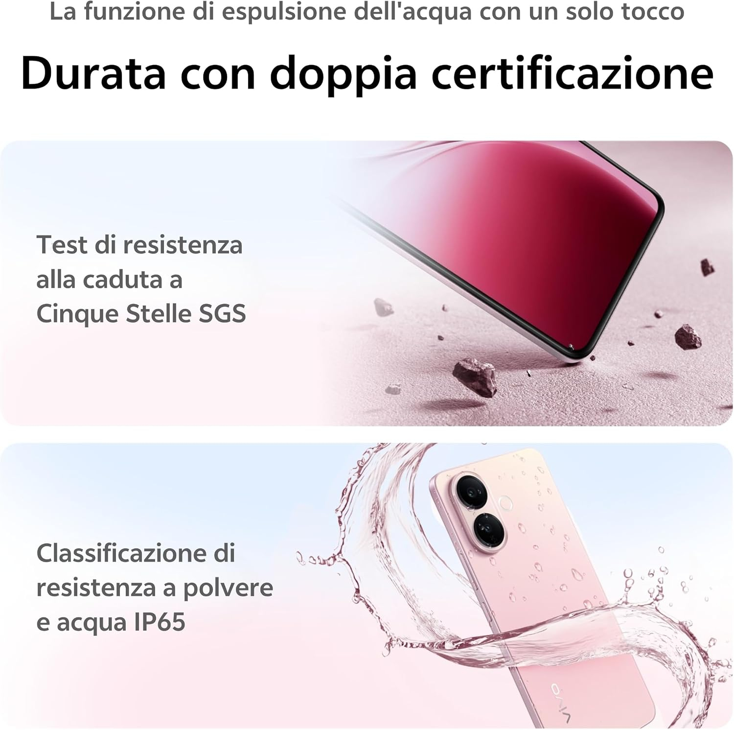 Smartphone-Werbung mit Fokus auf Stoßfestigkeit und Wasserdichtigkeit.