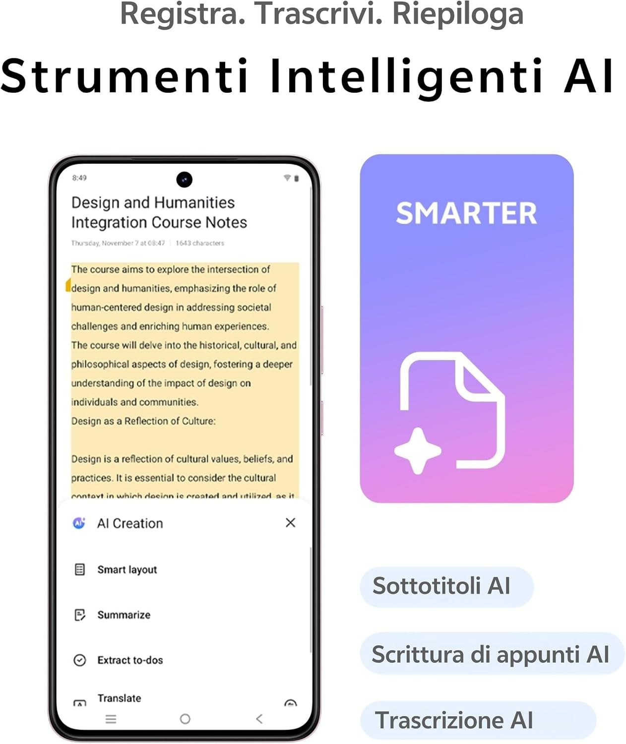 Smartphone mit Kursnotizen und KI-Werkzeugen neben einem blauen Kachel.