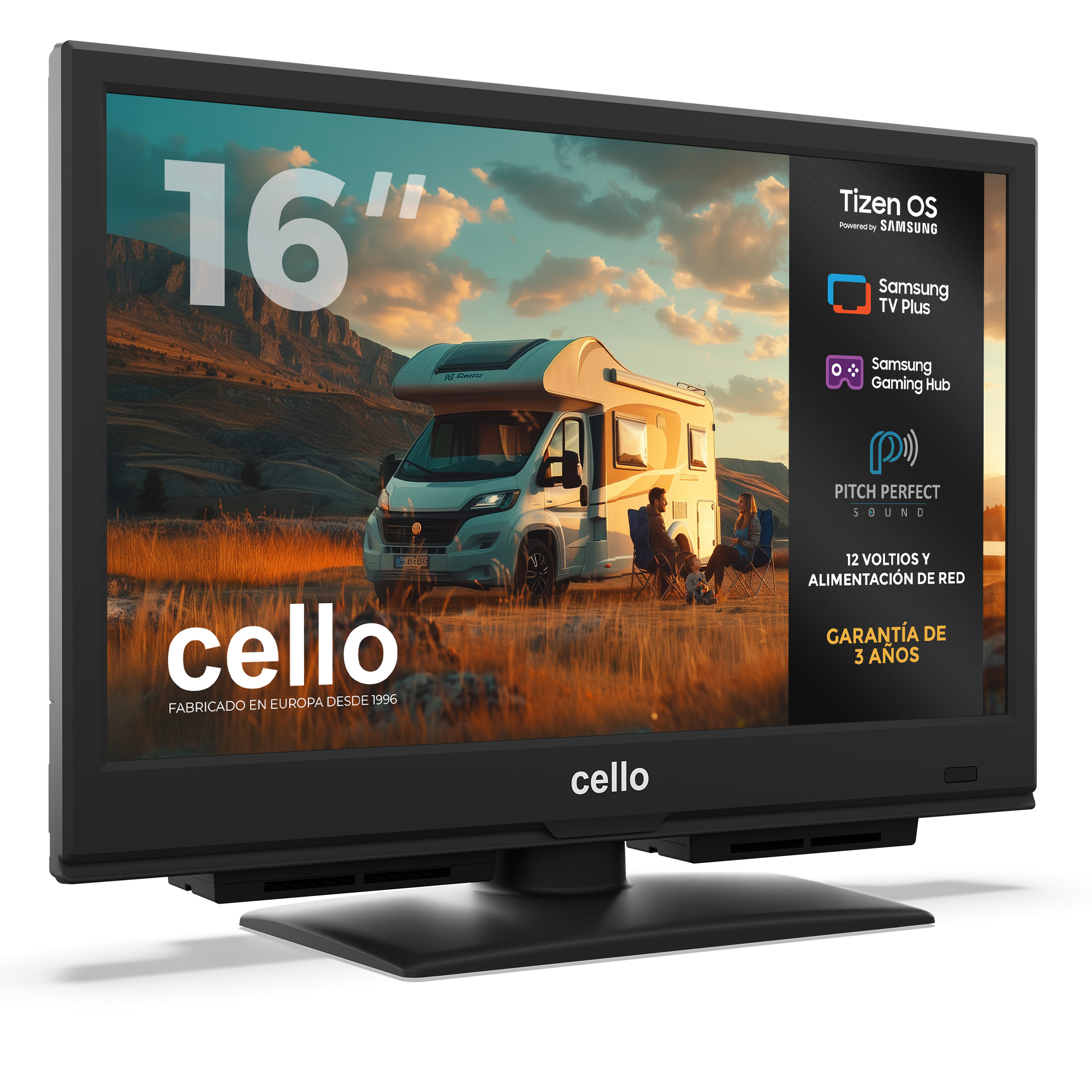 Ein schwarzer 16-Zoll-Cello-Fernseher zeigt eine Wohnmobilszene im Freien mit sitzenden Personen.