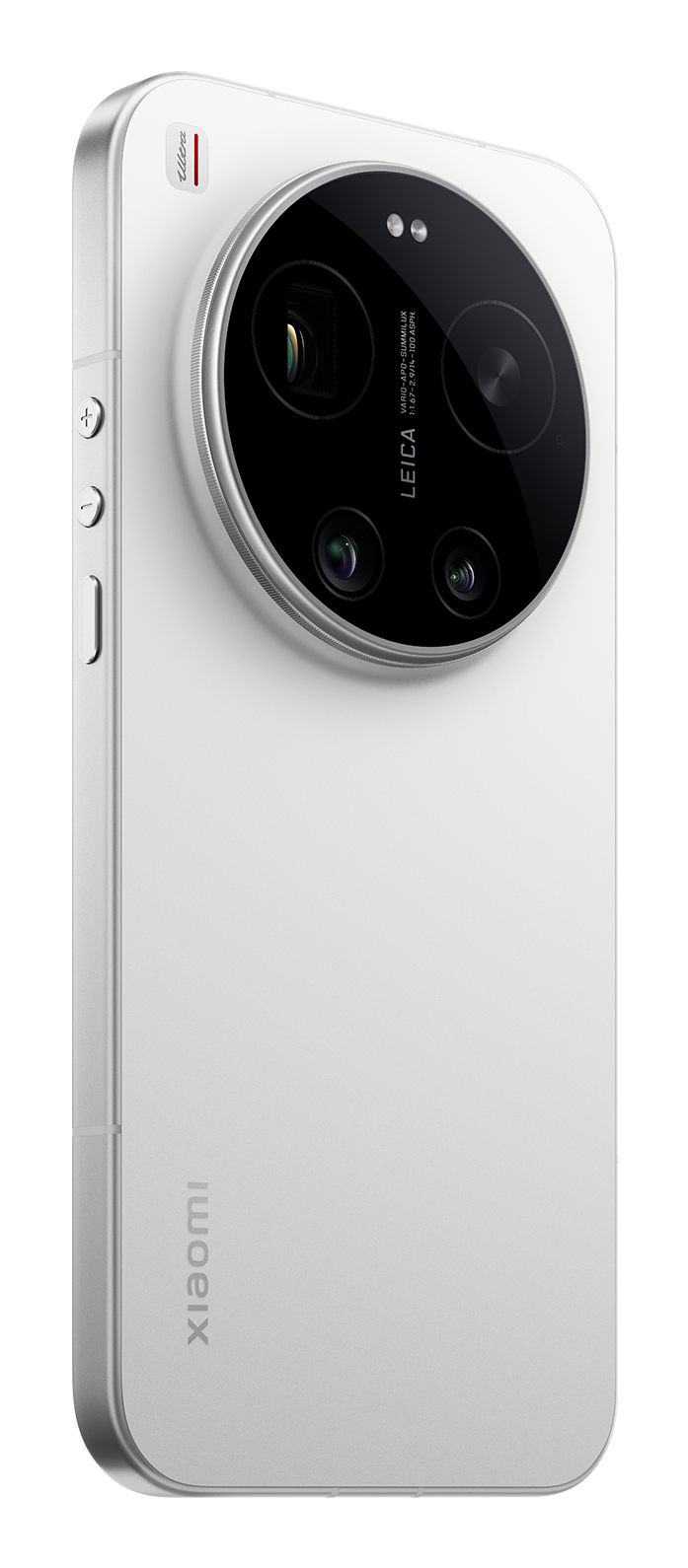 Rückseite eines weißen Smartphones mit großem runden KameraModul und Leica-Branding.
