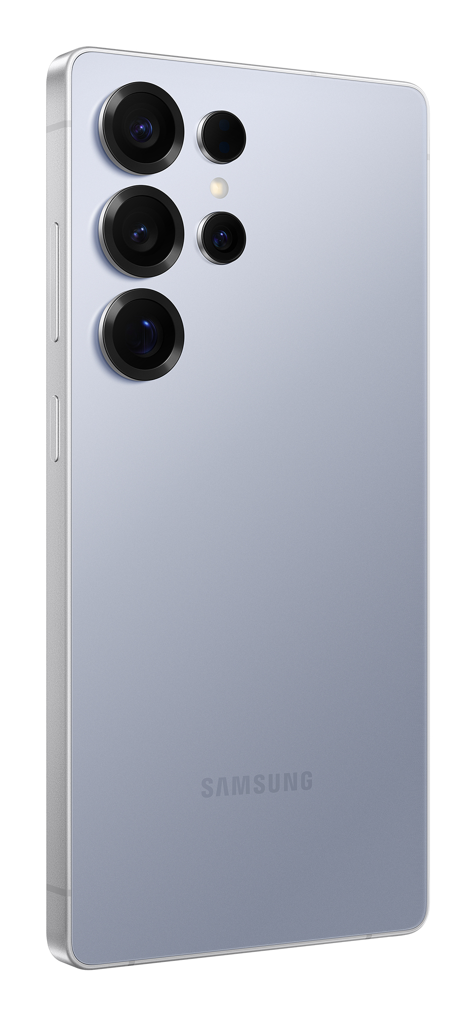 Retro di uno smartphone Samsung azzurro con cinque obiettivi fotografici e il logo.