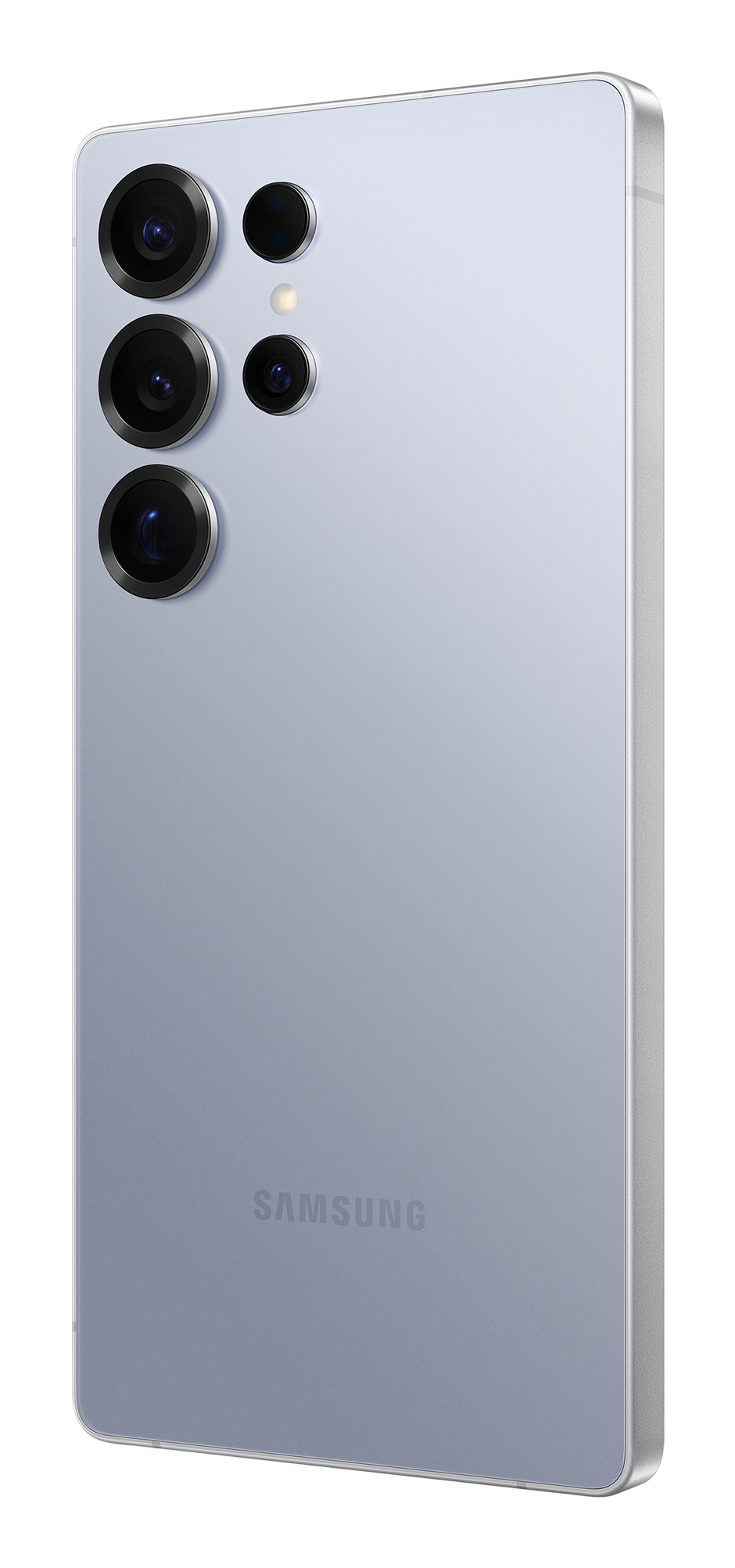 Retro di uno smartphone Samsung azzurro chiaro con tre grandi obiettivi verticali e il logo.