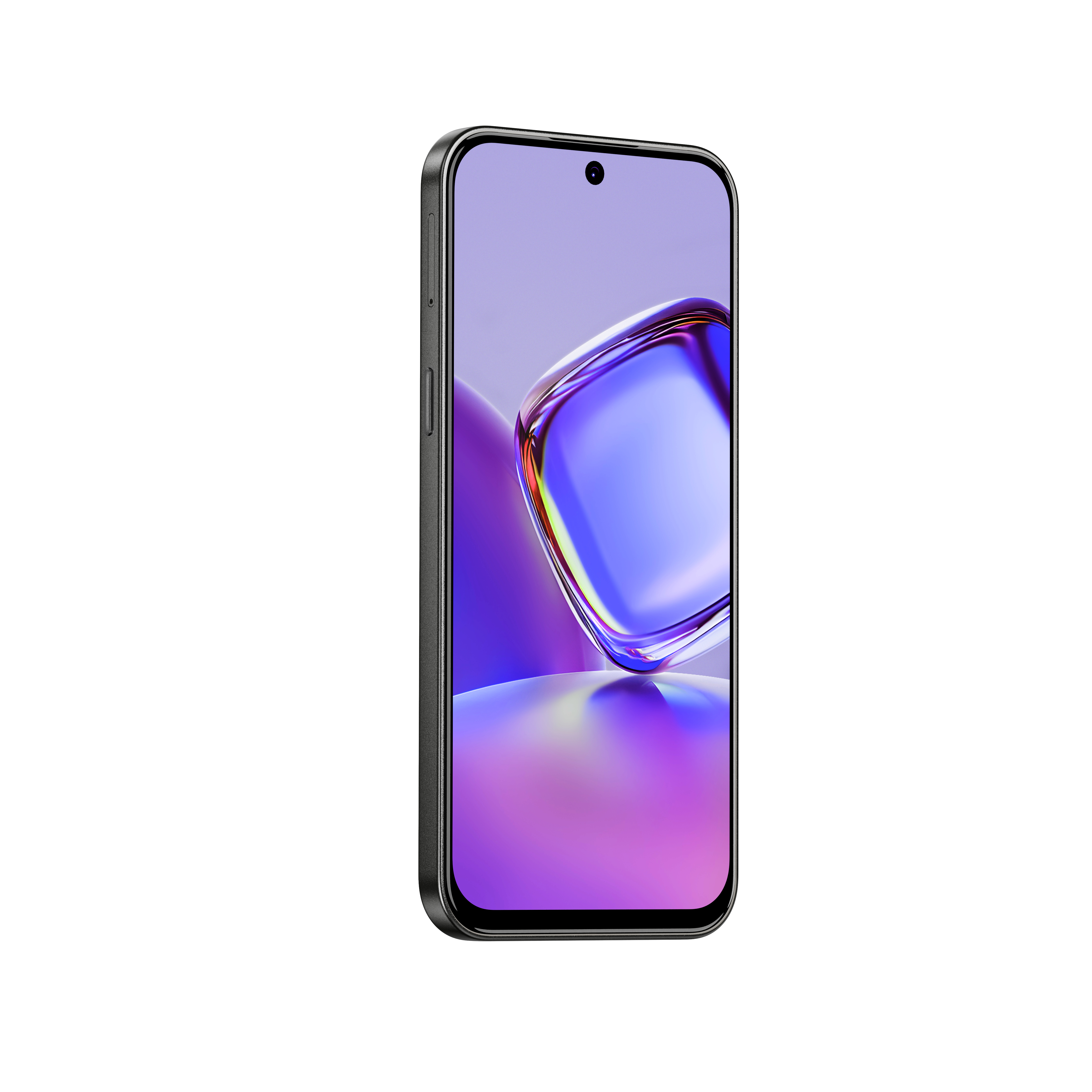 Czarny smartfon z fioletowo-niebieską abstrakcyjną tapetą, ukazany pod kątem na białym tle.