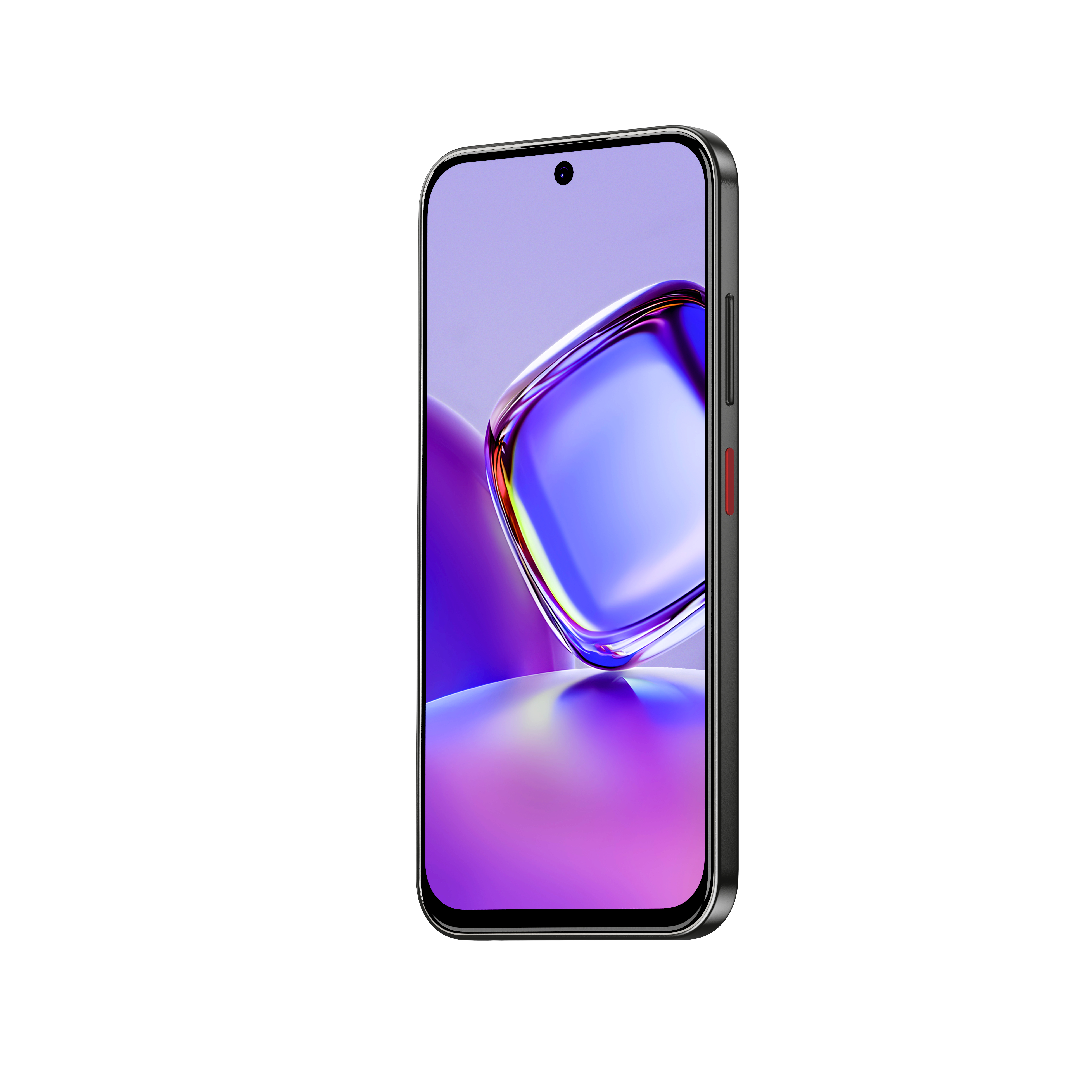 Smartfon z ciemną ramką i żywą, abstrakcyjną niebiesko-fioletową tapetą na białym tle.