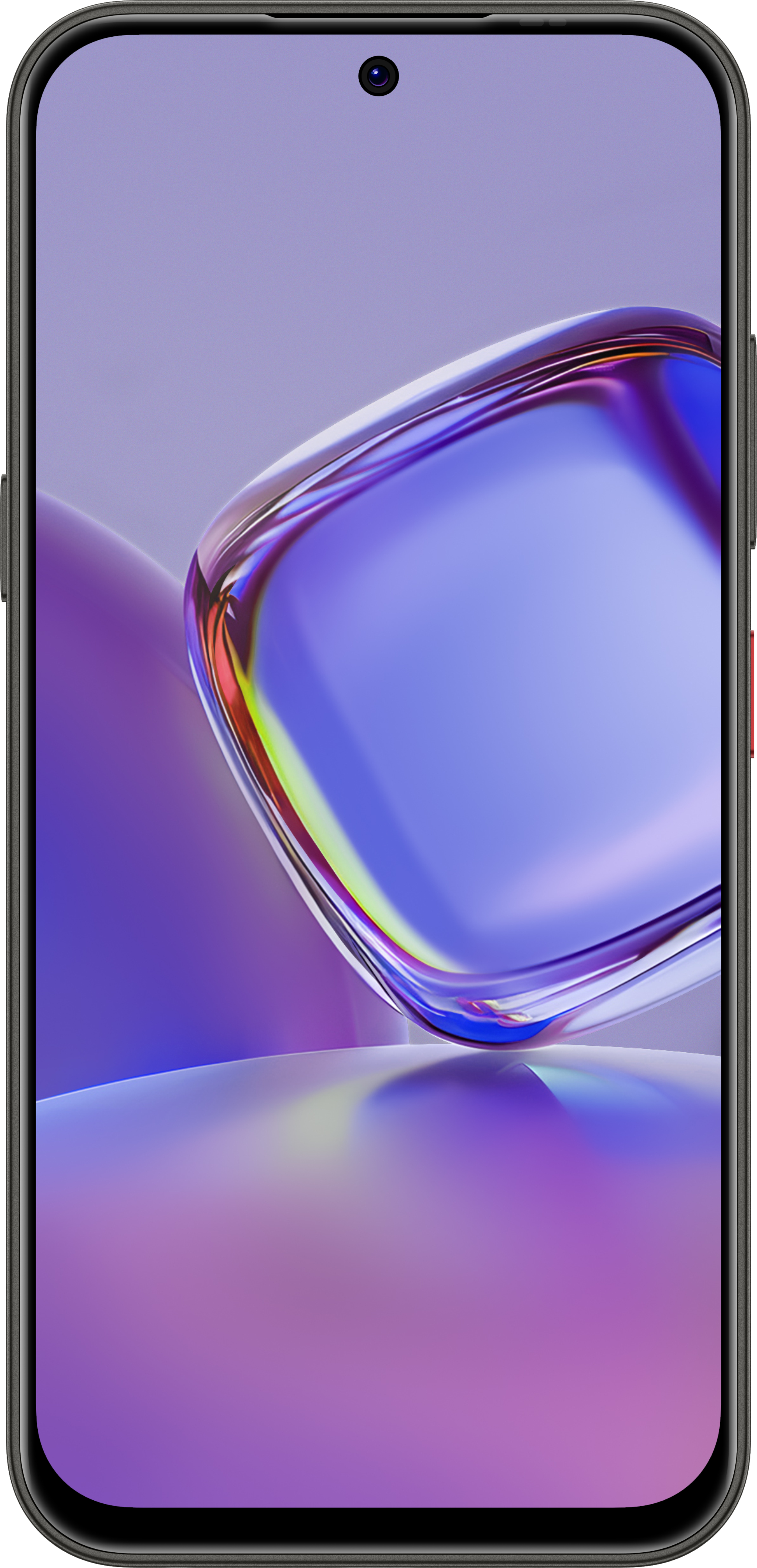 Smartfon z cienkimi ramkami wyświetla abstrakcyjną fioletową tapetę z błyszczącymi kształtami.