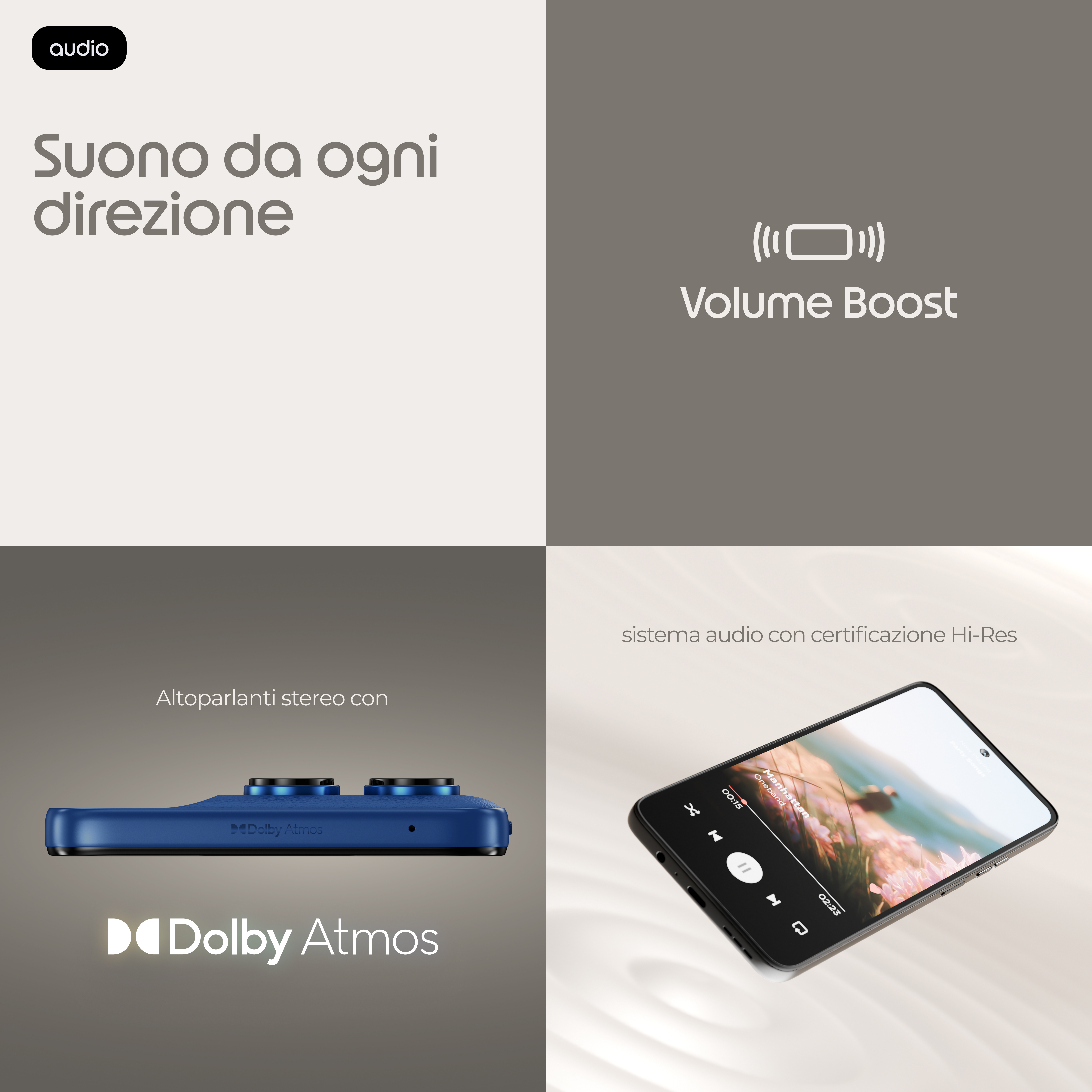 Immagine promozionale a quattro pannelli che evidenzia funzioni audio dello smartphone come Dolby Atmos e Hi-Res.