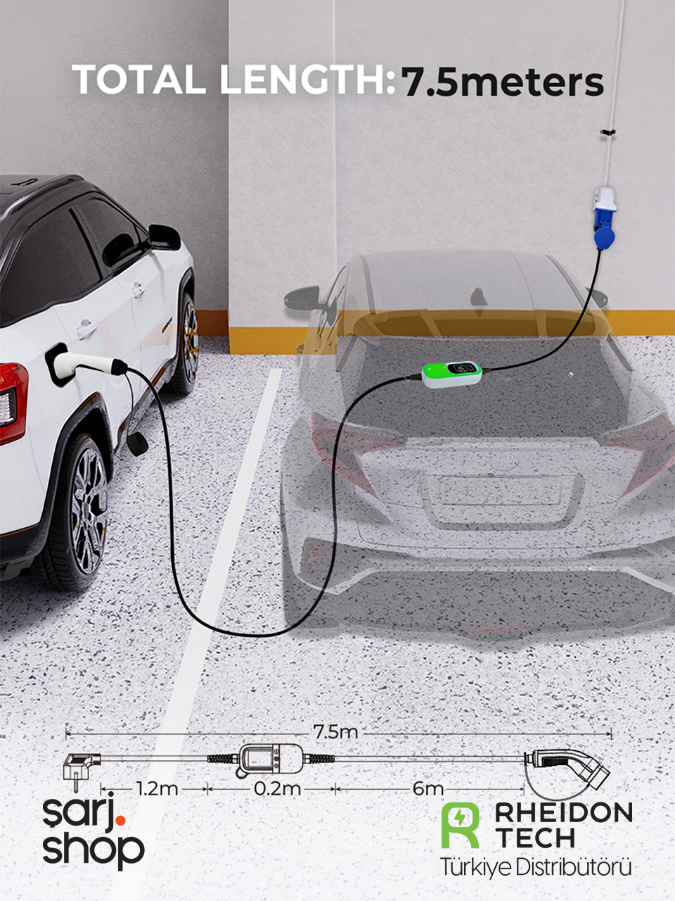 İki araba arasında 7,5 metrelik elektrikli araç şarj kablosunun toplam uzunluğunu gösteren şema.