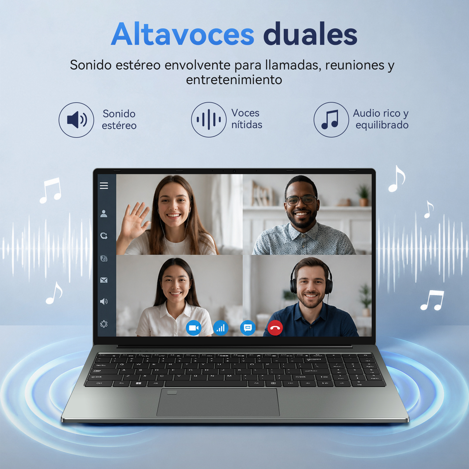 Portátil con una videollamada de cuatro vías en pantalla, rodeado de iconos de audio y ondas.