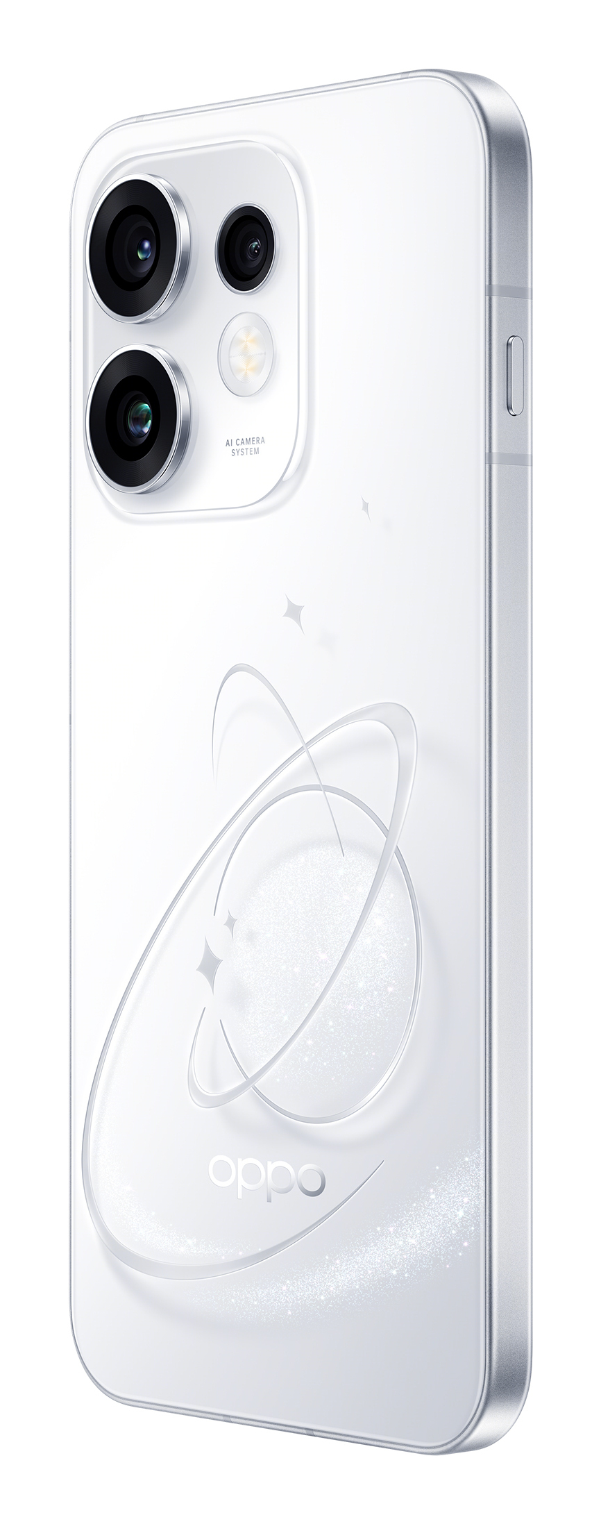 Parte trasera de un smartphone Oppo blanco con triple cámara y grabado de Saturno.