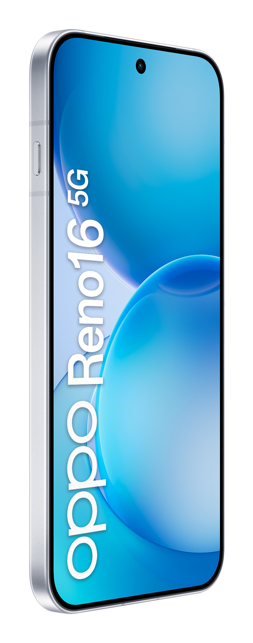 Un smartphone plateado Oppo Reno16 5G con fondo azul en la pantalla.