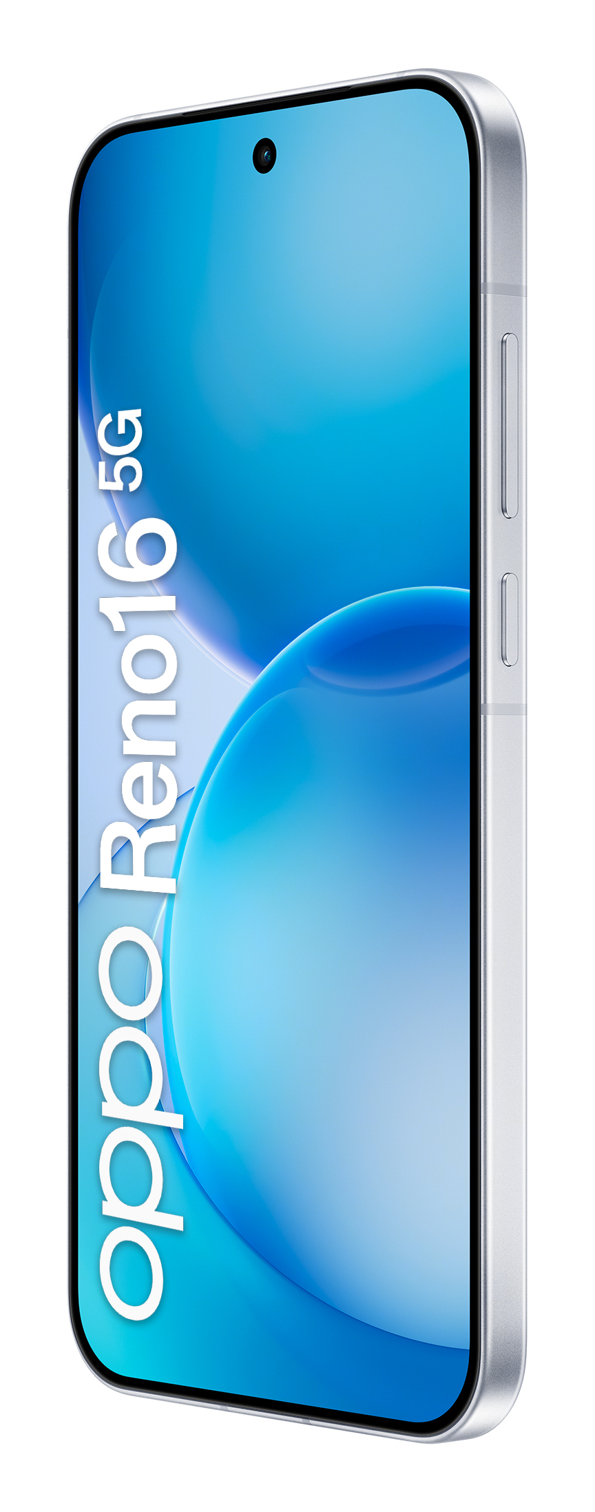Un smartphone plateado con pantalla azul muestra el texto Oppo Reno16 5G.