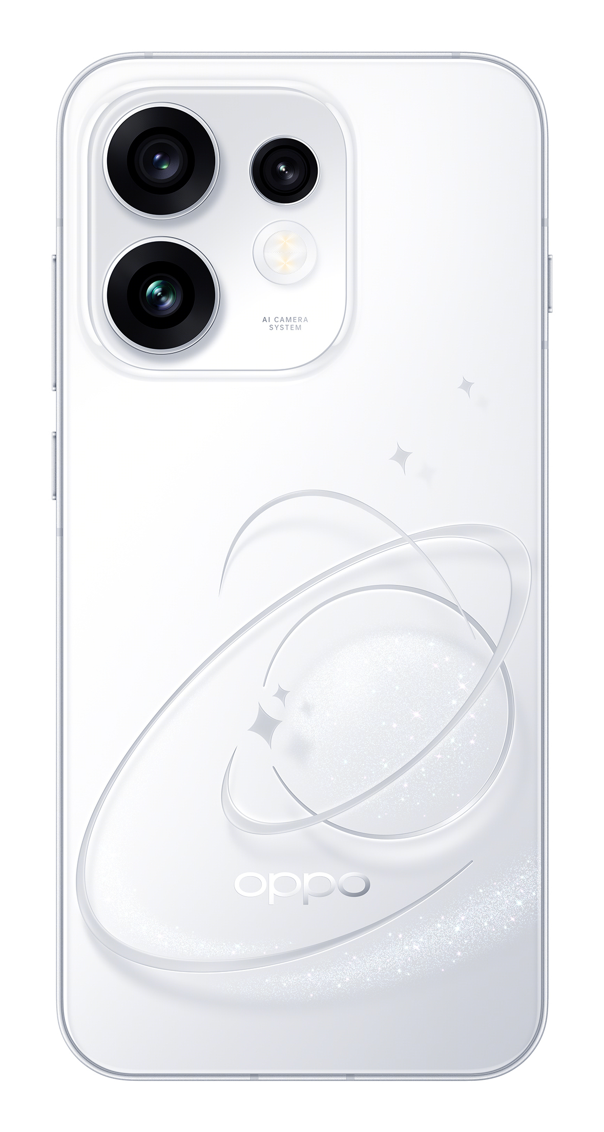 Smartphone Oppo blanco con tres cámaras y un diseño de planeta brillante en la parte trasera.
