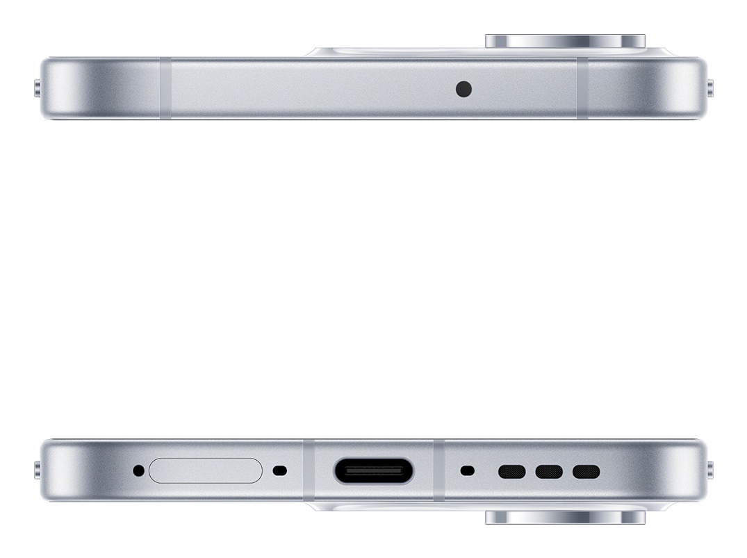 Vista de los bordes del smartphone plateado con puerto USB-C, micrófono y altavoz.