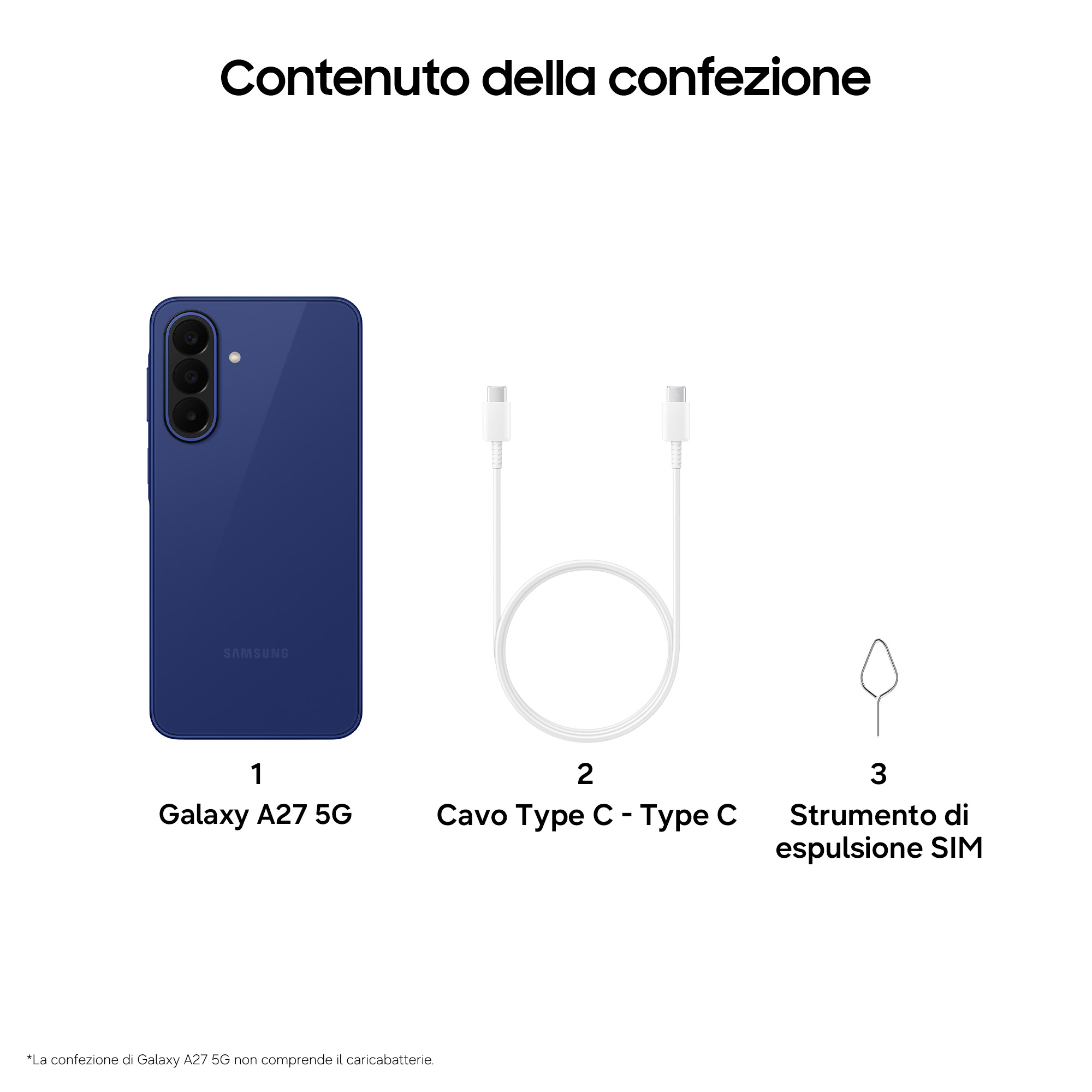 Paketinhalt zeigt ein blaues Galaxy A27 5G, ein USB-C-auf-USB-C-Kabel und ein SIM-Auswurfwerkzeug.