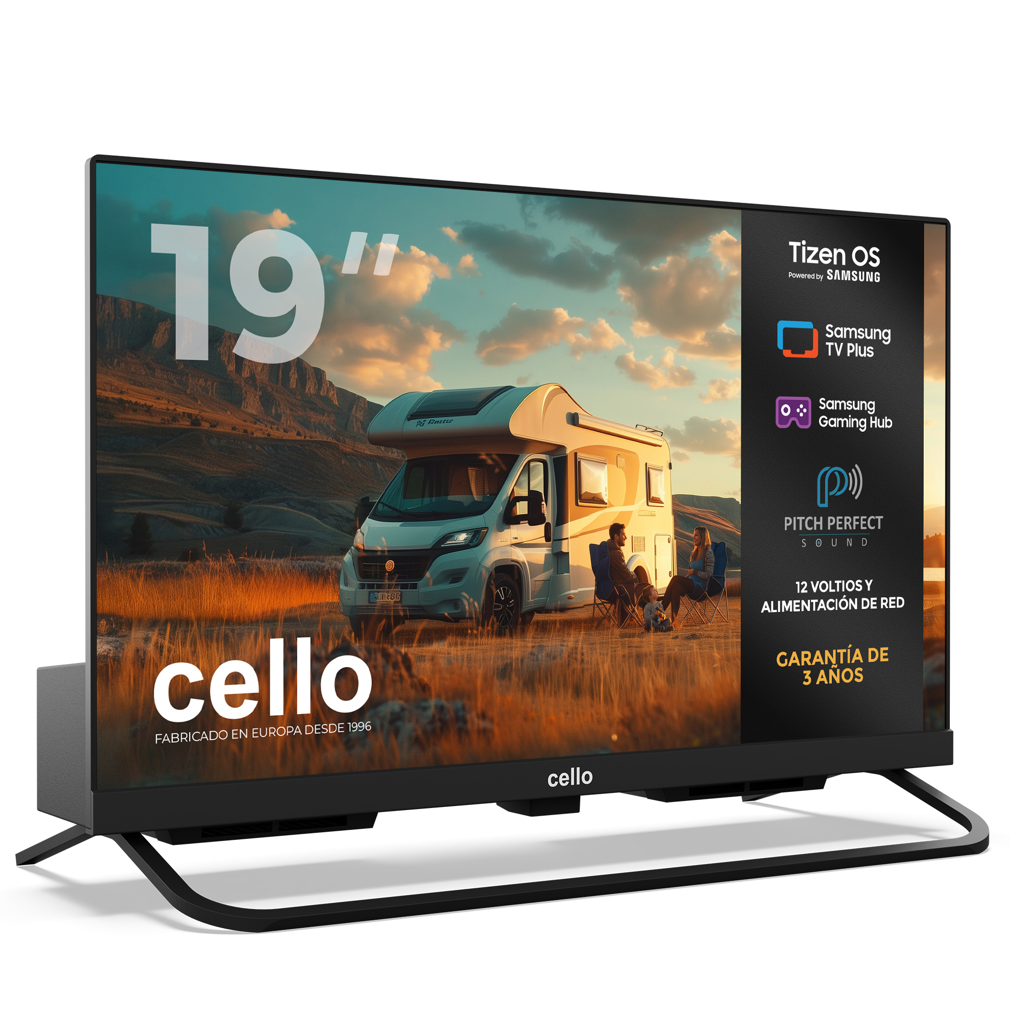 19-Zoll-Cello-Fernseher mit Tizen OS, auf dem ein Wohnmobil im Freien angezeigt wird.