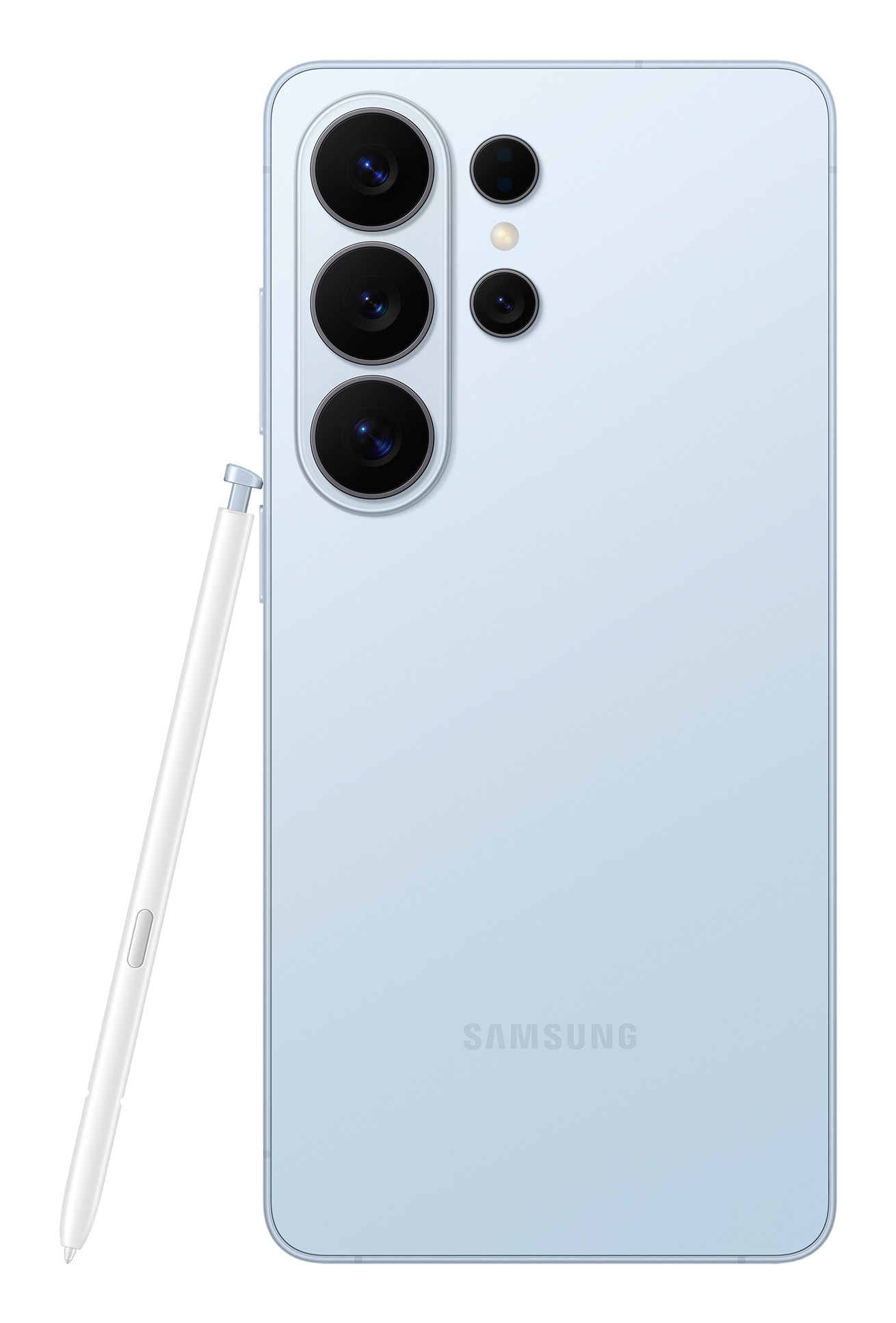 Dikey üçlü kamera kurulumuna ve solda beyaz bir kaleme sahip açık mavi Samsung akıllı telefon.