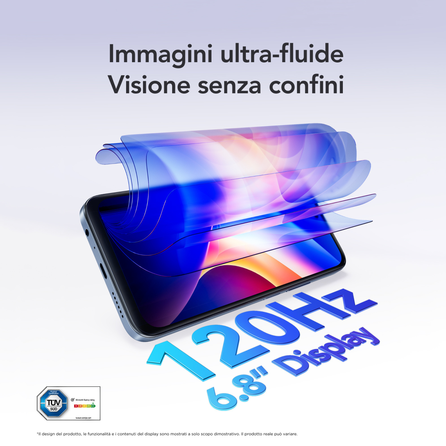 Smartphone con onde di schermo blu fluide, logo 120Hz e testo su sfondo viola.