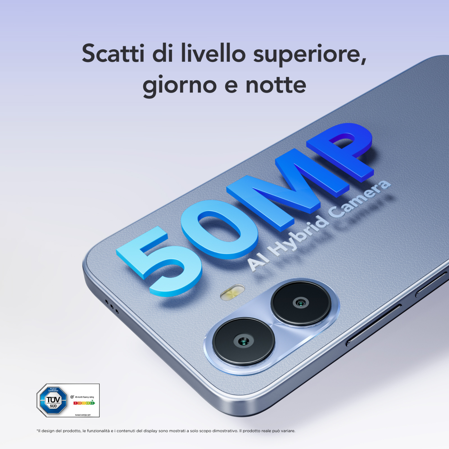 Uno smartphone blu con doppia fotocamera e scritta 50MP su sfondo chiaro.
