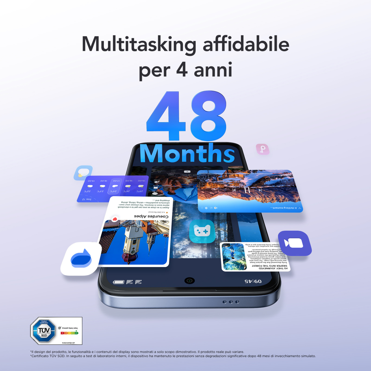 Smartphone con finestre app mobili e testo per 48 mesi di multitasking affidabile.