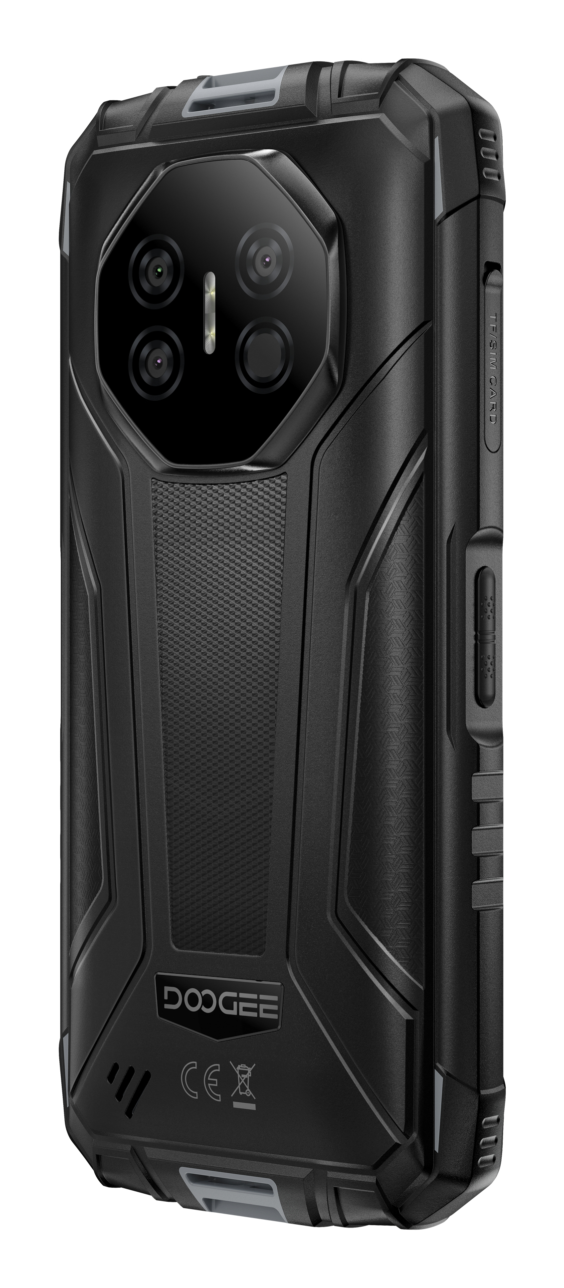 Il retro di un robusto smartphone Doogee nero con quadrupla fotocamera, pannello testurizzato e pulsanti laterali.
