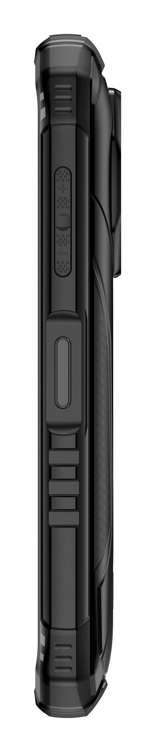Vista laterale di uno smartphone nero robusto che mostra pulsanti testurizzati e custodia resistente.