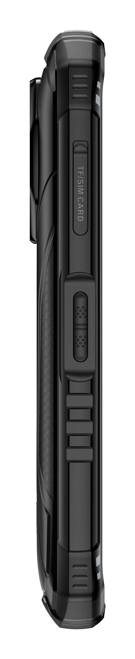 Vista laterale di uno smartphone nero robusto con slot per scheda e pulsanti testurizzati su sfondo bianco.