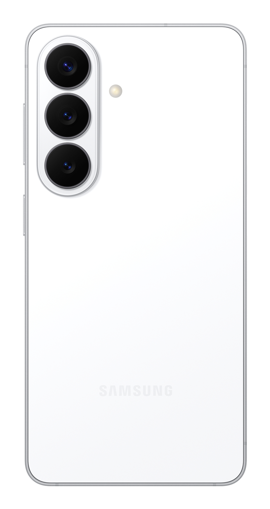 Retro di uno smartphone bianco con tre fotocamere verticali in alto a sinistra e il logo Samsung in basso.