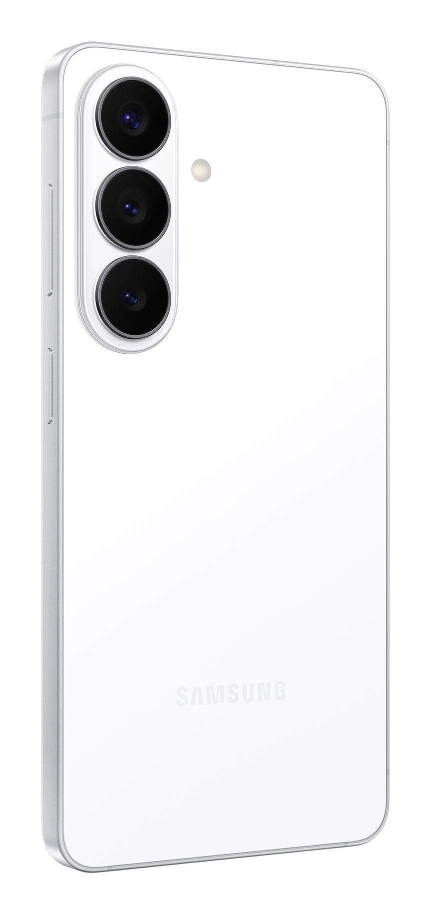 Retro di uno smartphone Samsung bianco con tripla fotocamera verticale e logo.