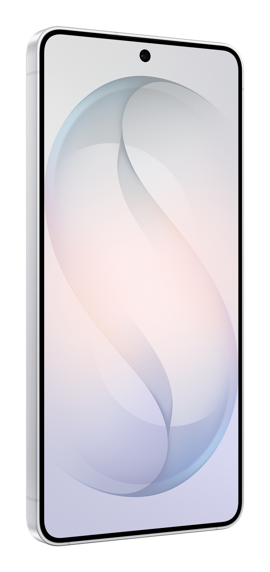 Uno smartphone bianco elegante è inclinato, con uno sfondo astratto curvo e fotocamera frontale visibile.
