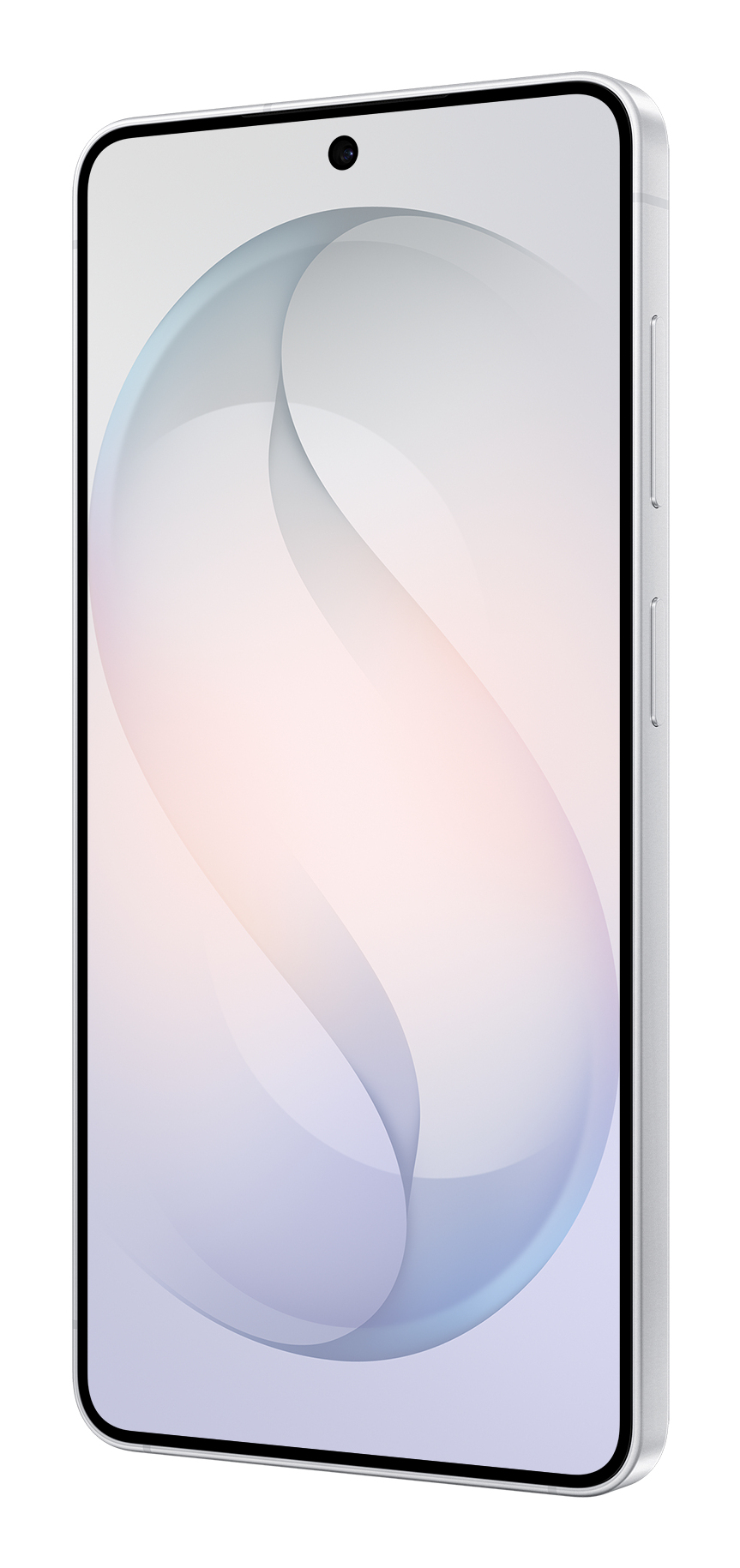 Uno smartphone bianco con sfondo astratto chiaro e pulsanti laterali.