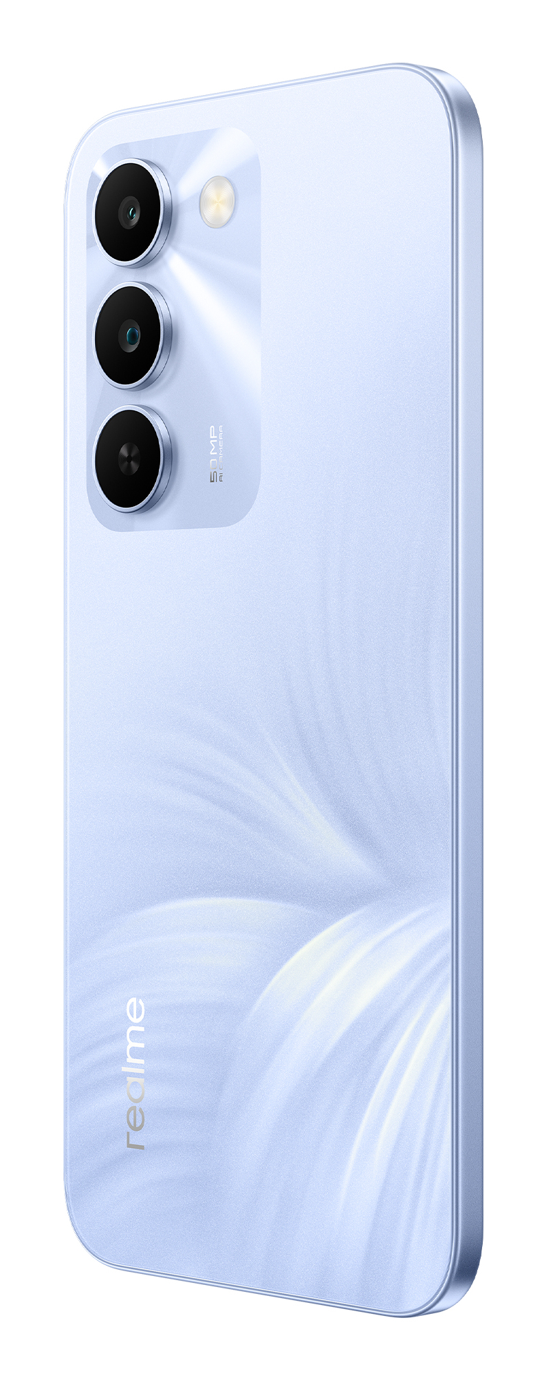 Vista posteriore di uno smartphone Realme azzurro con tripla fotocamera verticale e logo Realme.