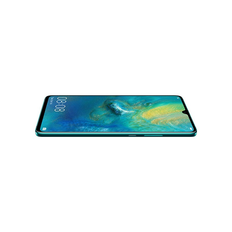 Ein Smartphone liegt flach mit einem blau-türkisen Bildschirm auf weißem Hintergrund.
