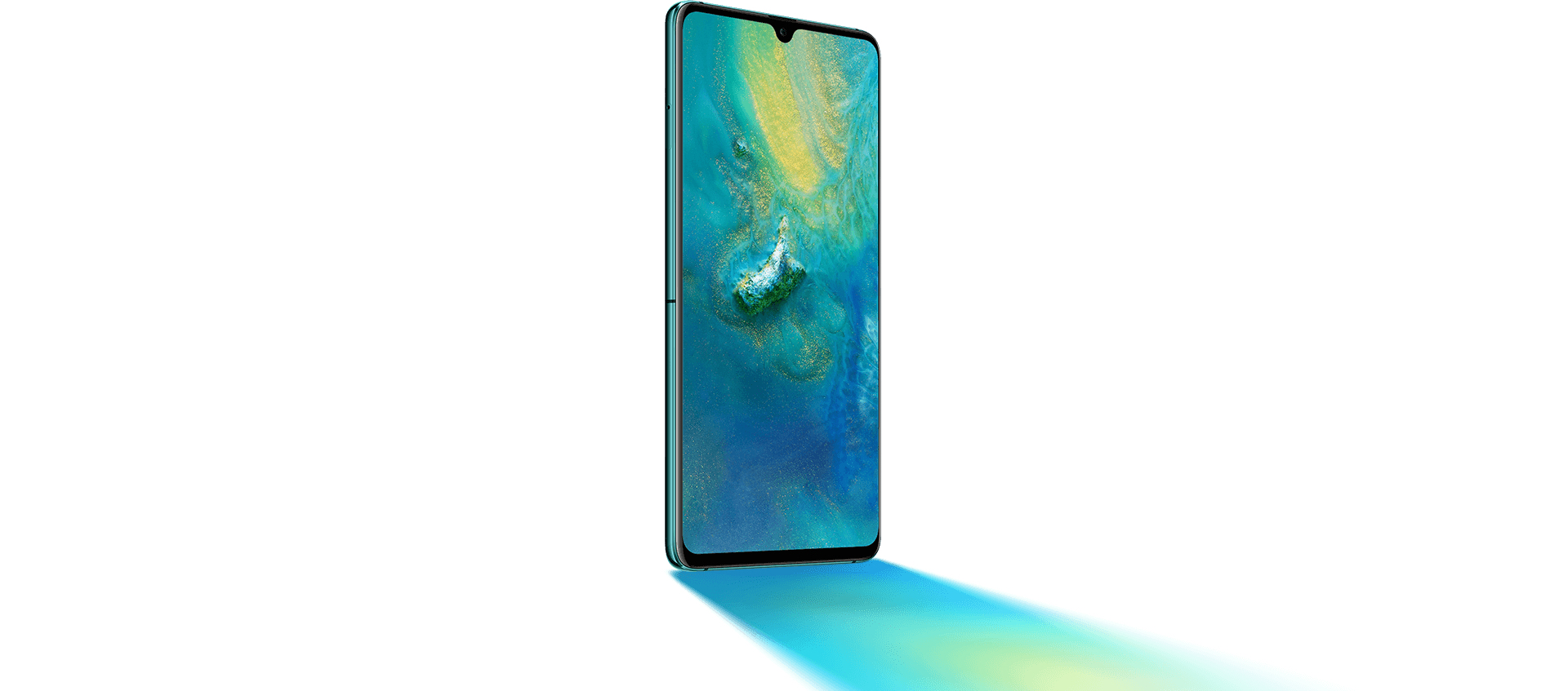 Ein Smartphone steht senkrecht auf weißem Hintergrund und strahlt einen blau-gelben Lichtkegel aus.