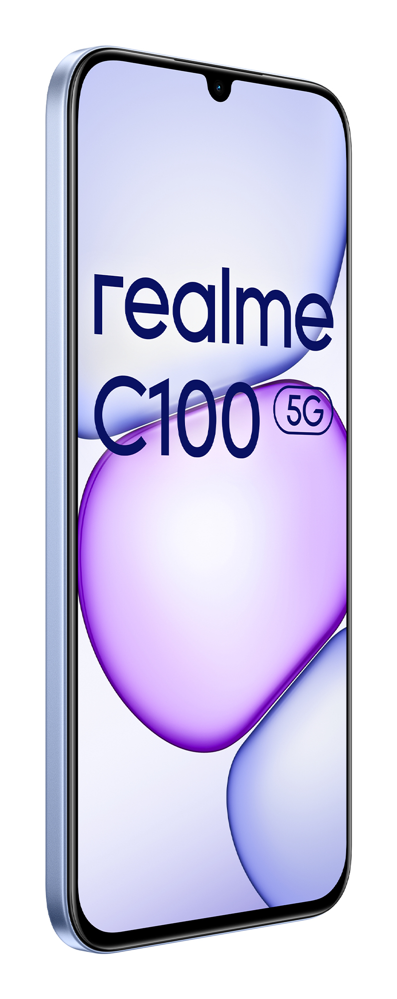 Uno smartphone Realme C100 5G blu mostra il marchio e il modello sullo schermo.