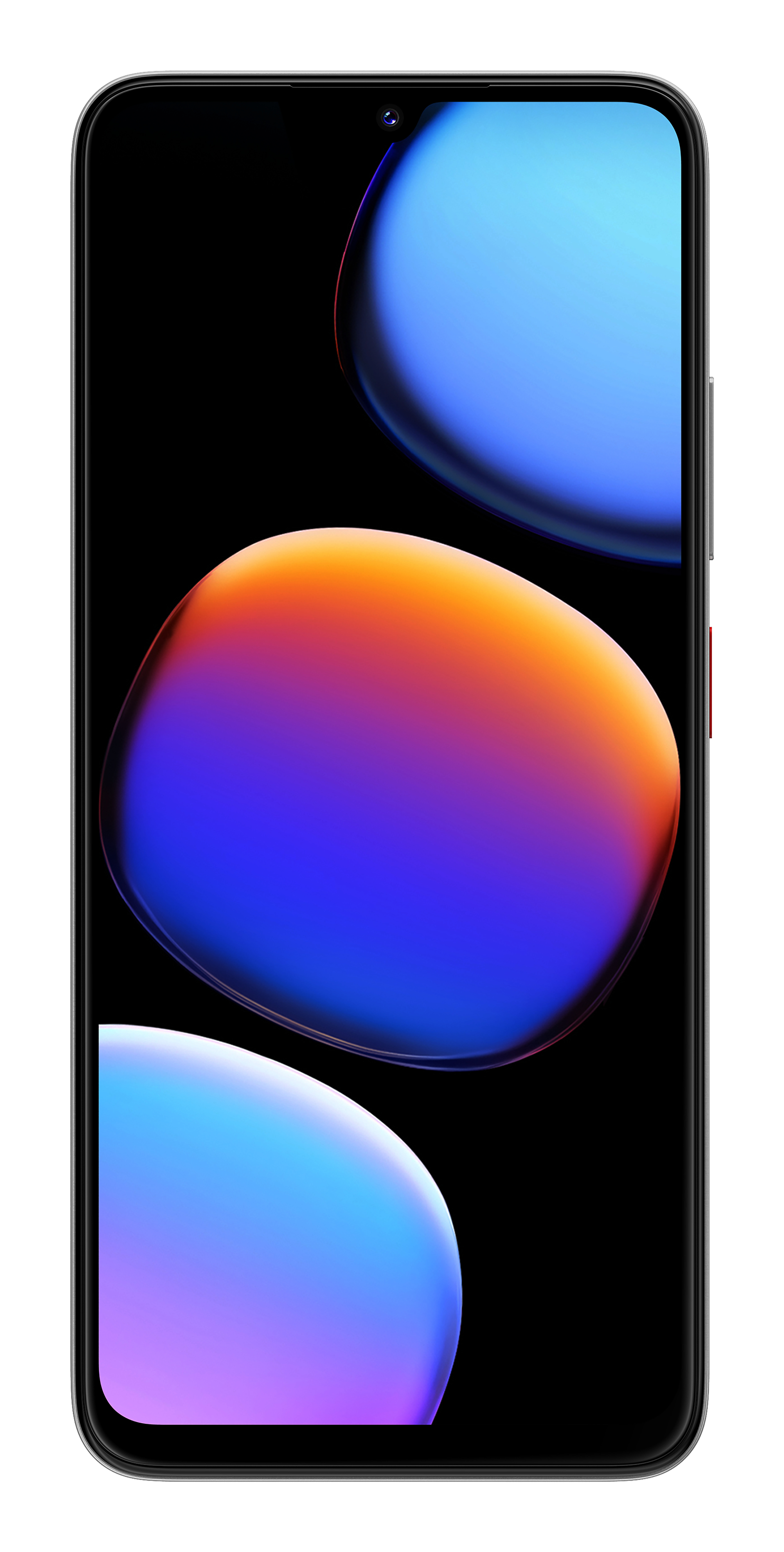 Smartfon z cienkimi ramkami i czarnym ekranem z kolorowymi kulami.