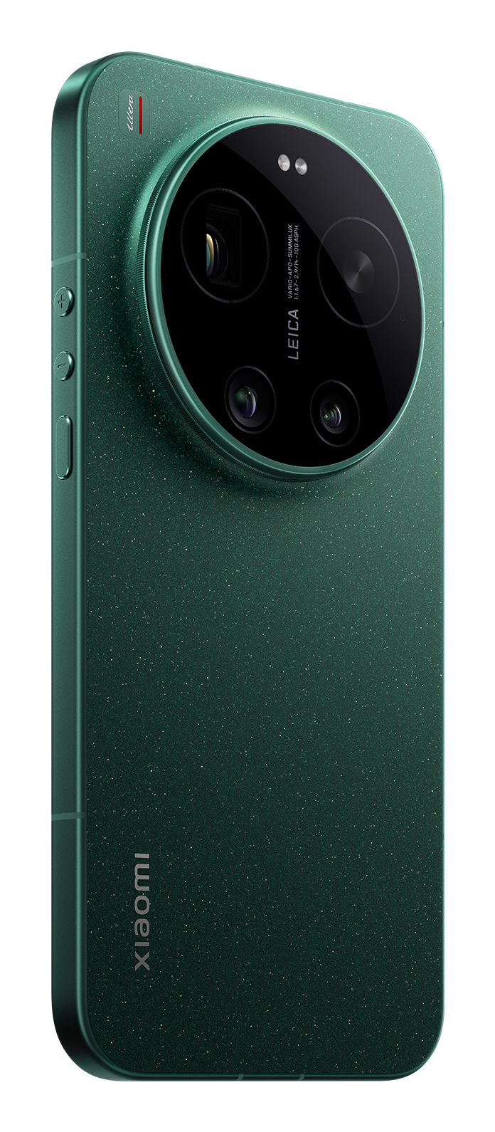 Ein funkelndes grünes Smartphone mit einem großen runden Leica-Vierfachkamera-Modul auf der Rückseite und dem Xiaomi-Logo.