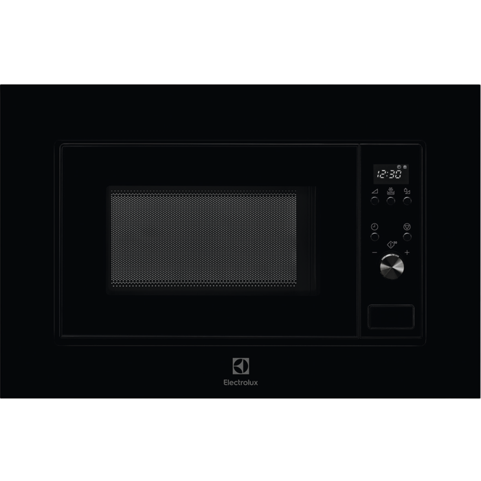 Microonde da incasso Electrolux nero con display digitale, pannello touch e manopola argentata su sfondo nero.