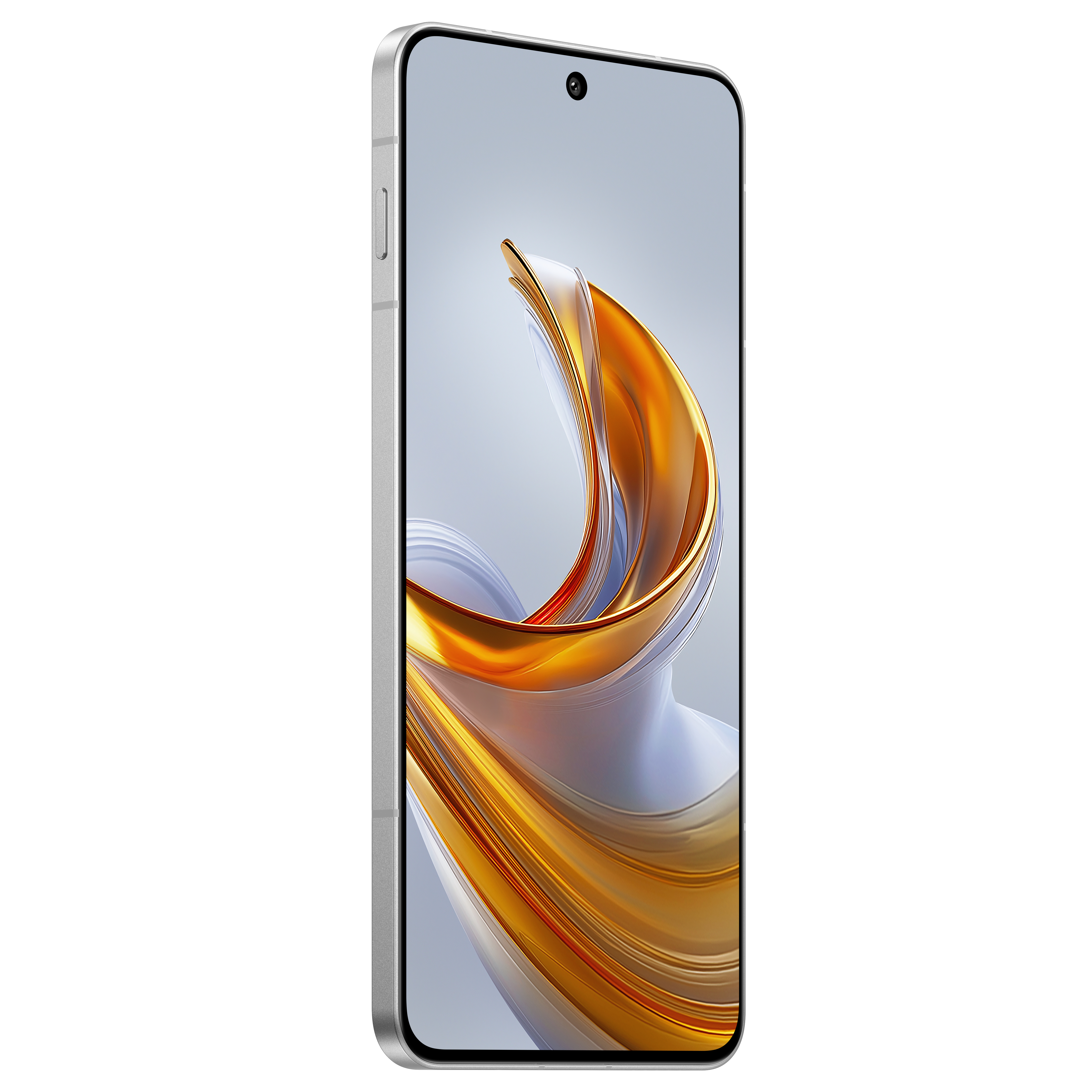 Silbernes Smartphone mit randlosem Display zeigt einen abstrakten, goldenen Wirbel auf hellem Hintergrund.