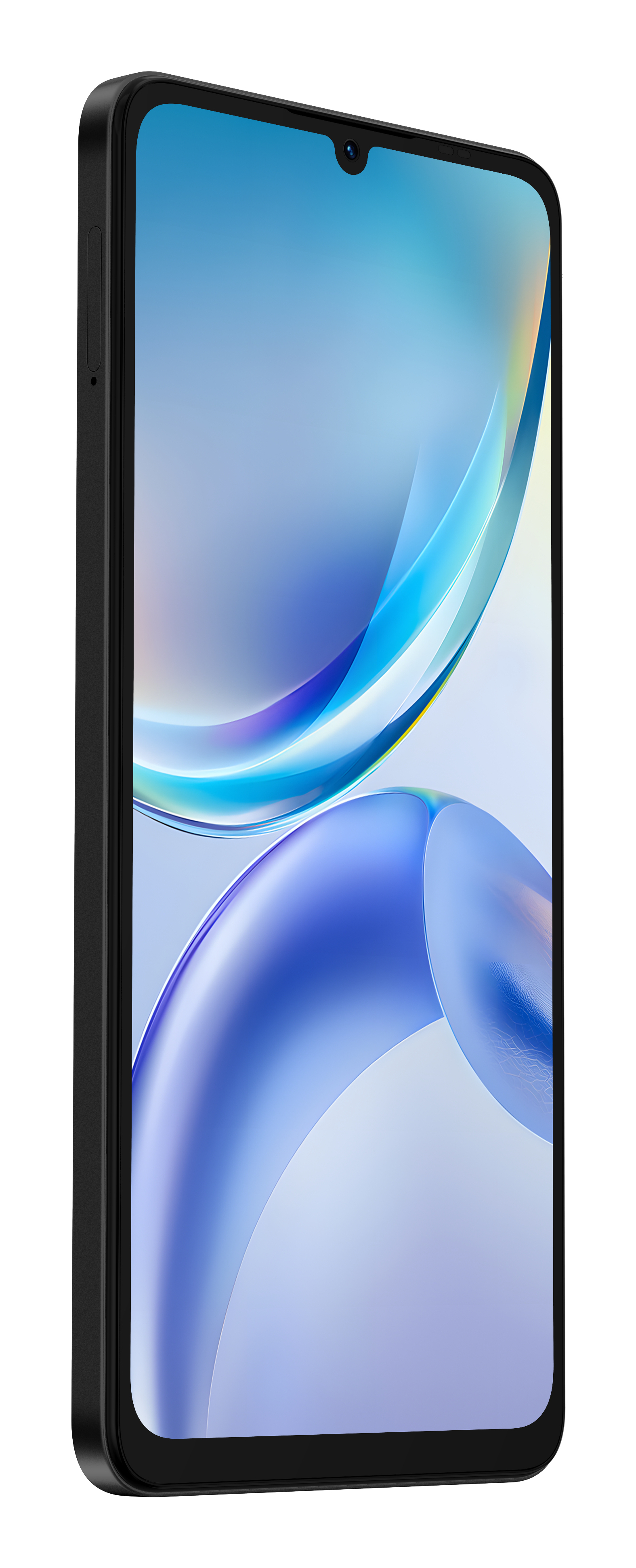 Czarny smartfon widziany pod lekkim kątem z niebiesko-fioletową, abstrakcyjną tapetą.