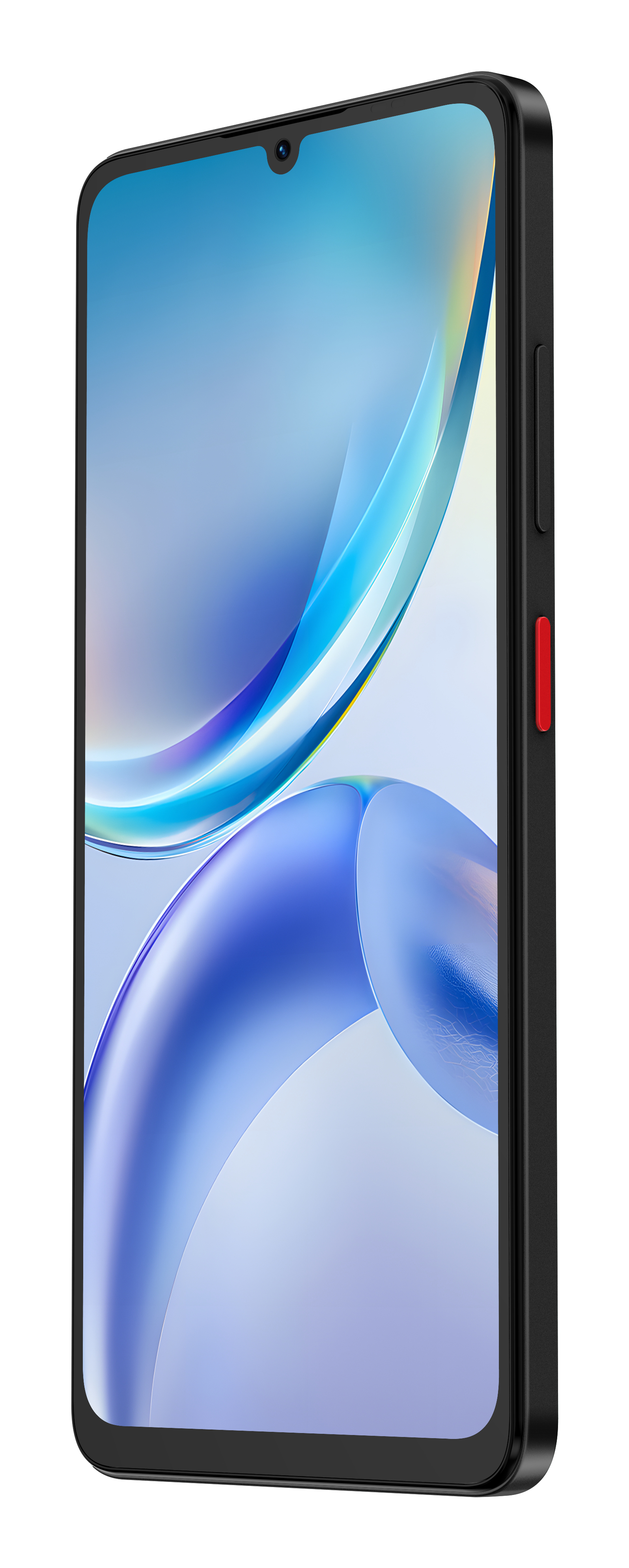Czarny smartfon z niebieskim ekranem i czerwonym przyciskiem zasilania w widoku pod kątem.