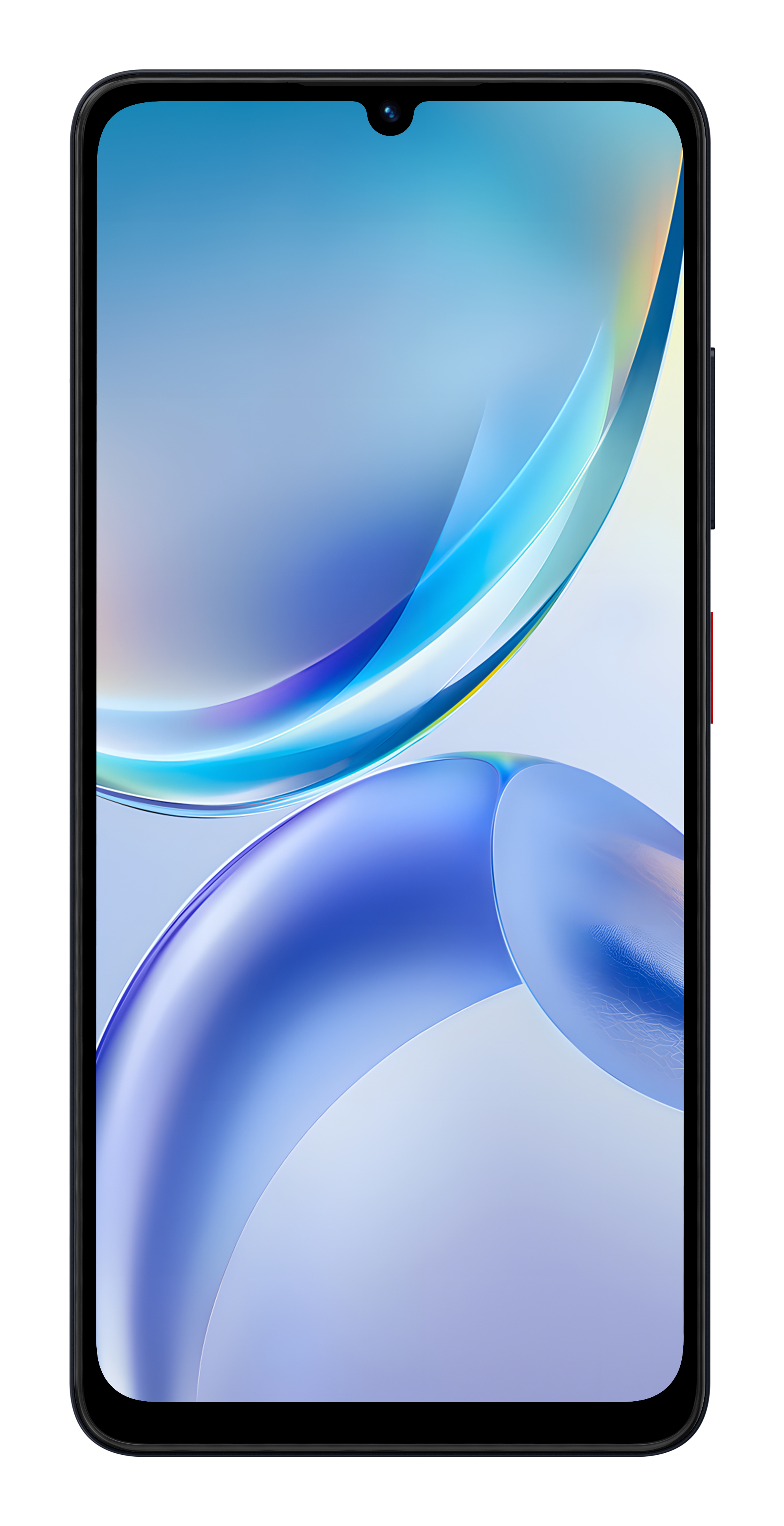 Czarny smartfon z zakrzywioną niebiesko-białą abstrakcyjną grafiką na ekranie.