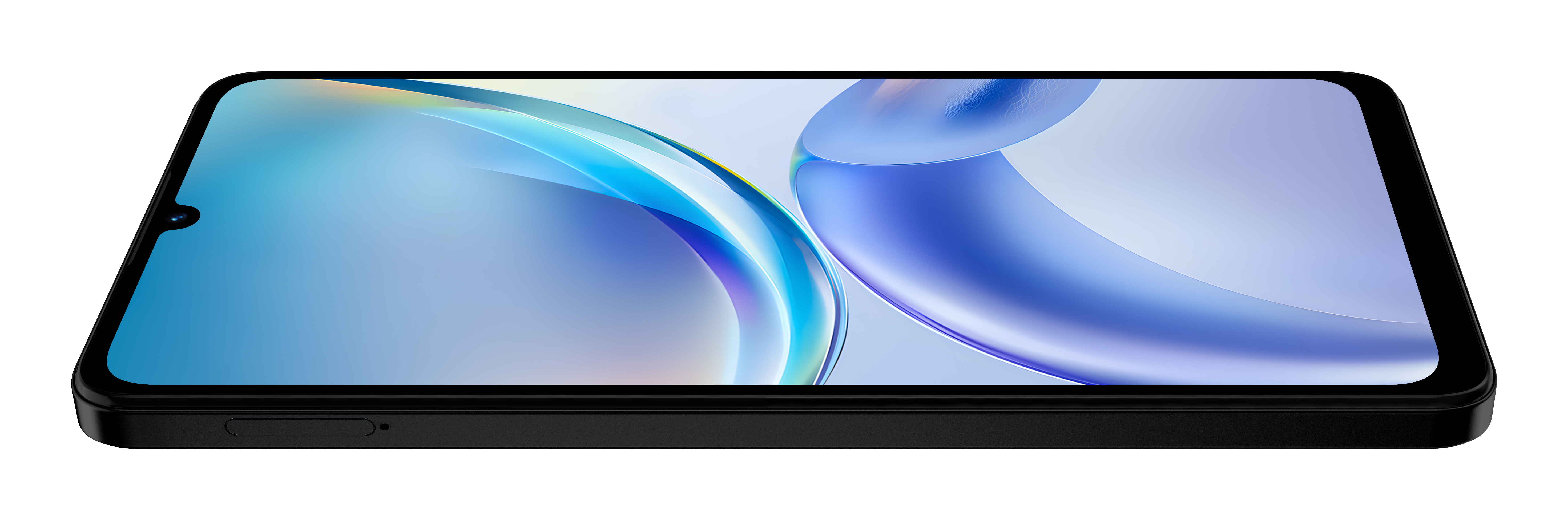 Czarny smartfon widziany z boku, prezentujący smukły profil i żywą niebieską abstrakcyjną tapetę.